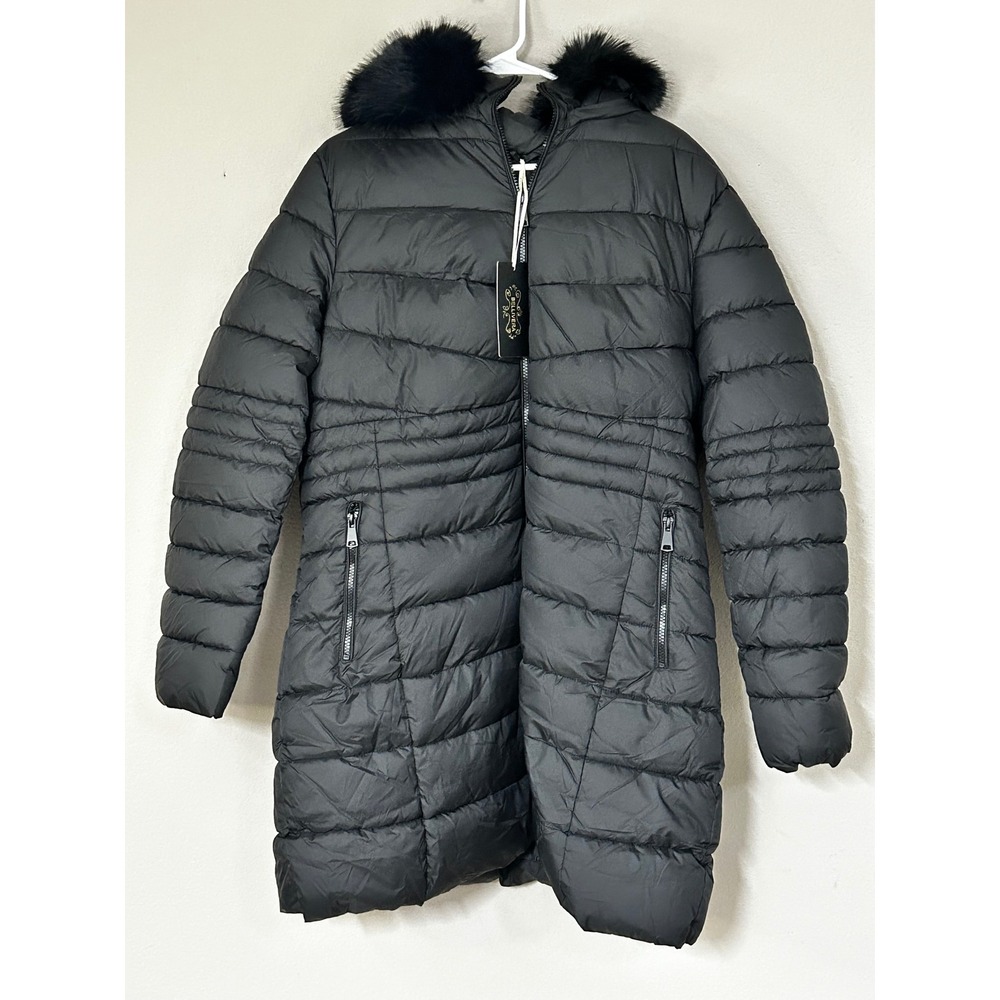Bellivera Womens XXL Black Quilted Puffer Coat Faux Fur Hooded Mid-Length Jacket